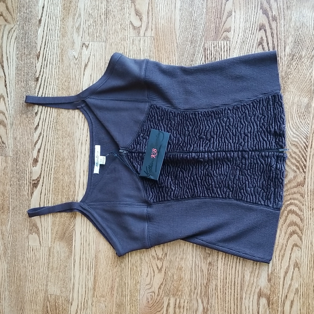 (L) NWT Katherine Barclay Dark Chocolate Zip Up Fitted Wool Blend Tank Top ❤️